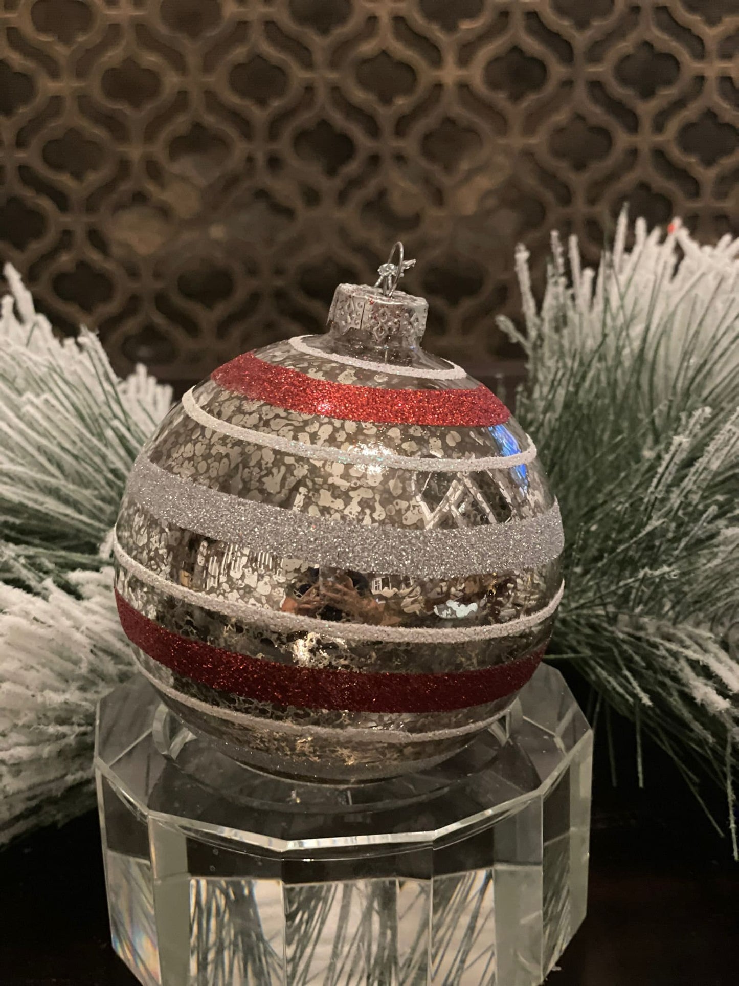4" Striped glass ornament. Red and silver.