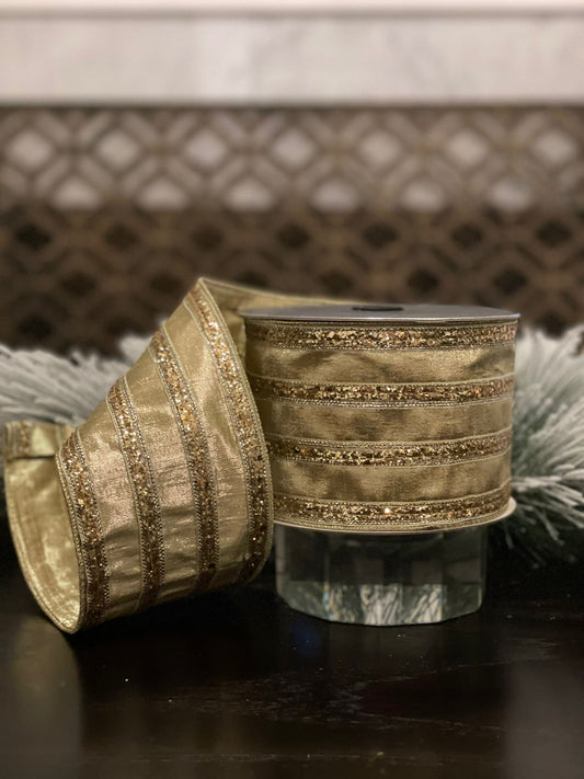 4” x10 yds. chunk glitter stripes gold. Wired. Farrisilk.