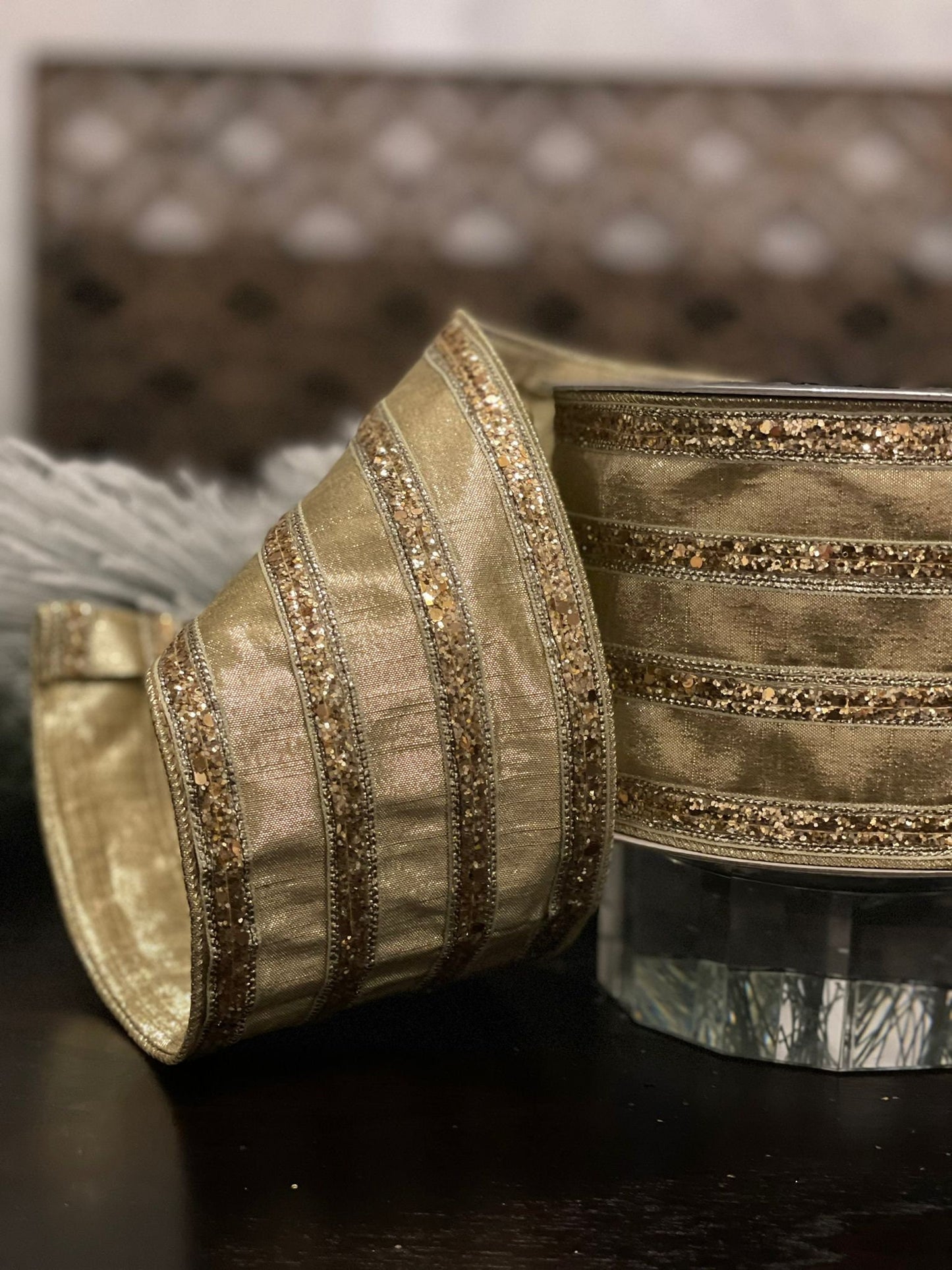 4” x10 yds. chunk glitter stripes gold. Wired. Farrisilk.