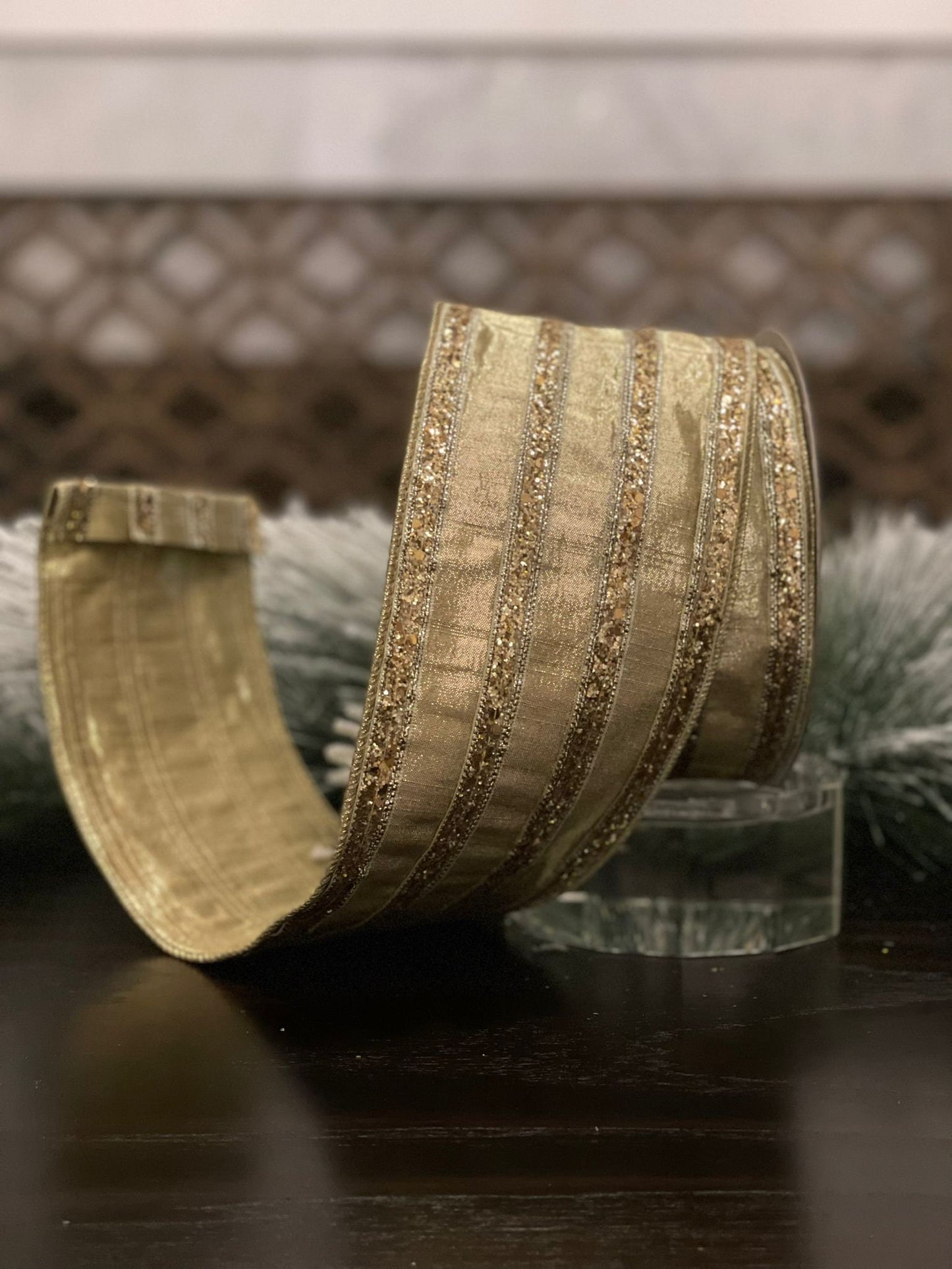 4” x10 yds. chunk glitter stripes gold. Wired. Farrisilk.
