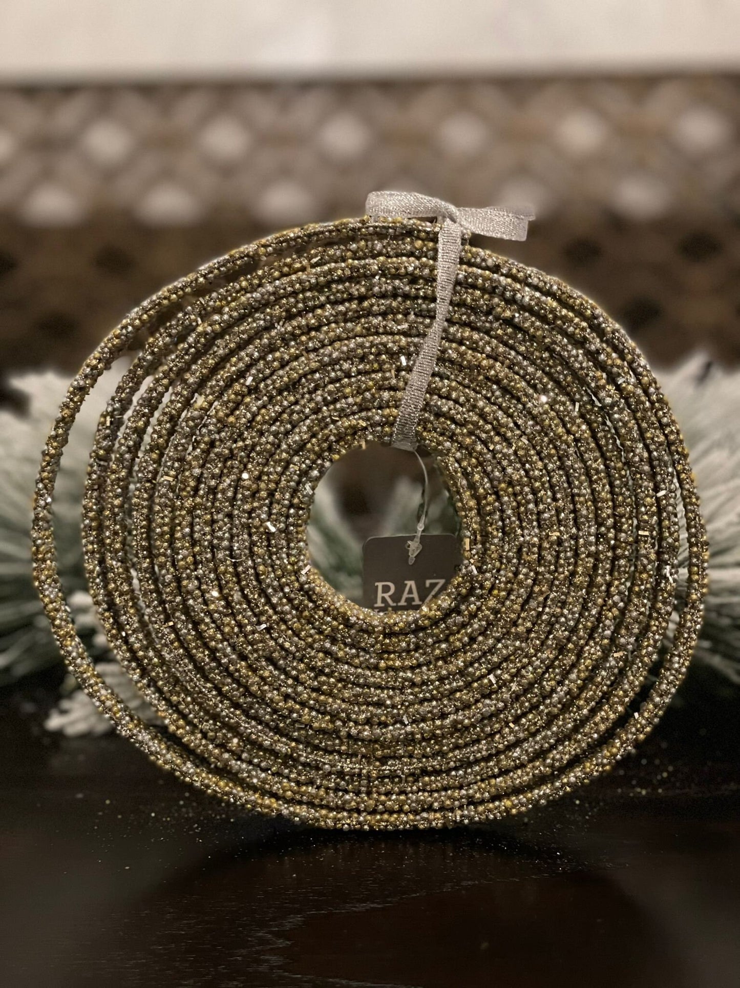 15’ x 1/2” Gold and silver beaded garland. Raz.
