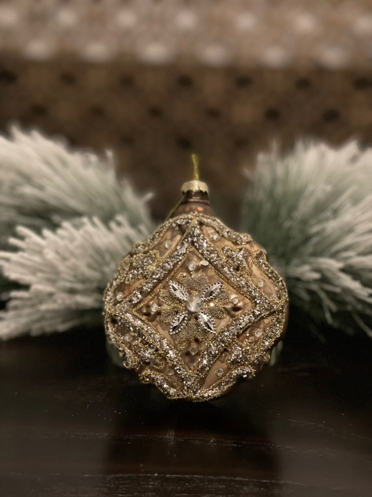 Set of 2. 4" Glass jewel encrusted floret disc ornament. Gold and silver.