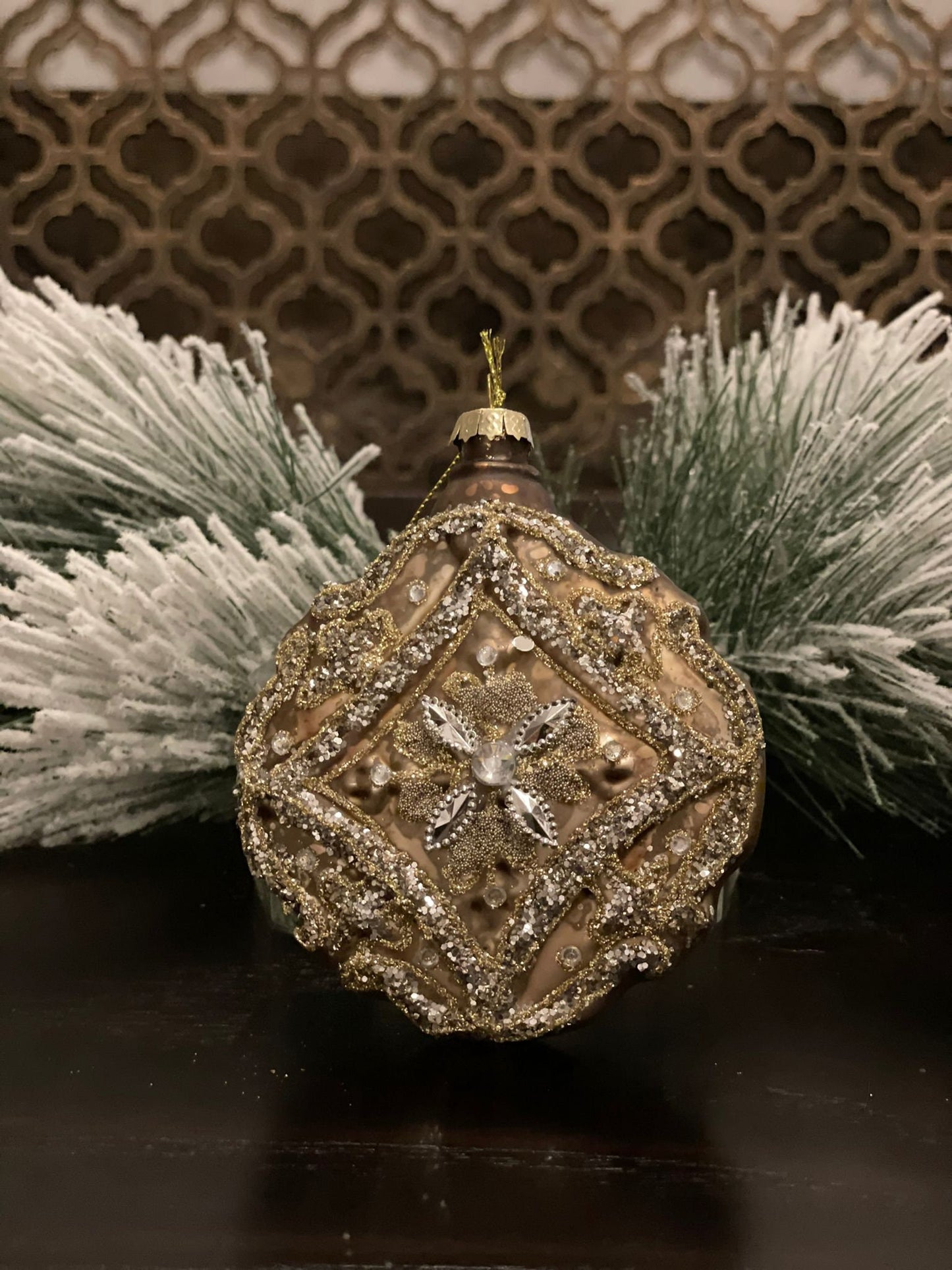 Set of 2. 4" Glass jewel encrusted floret disc ornament. Gold and silver.