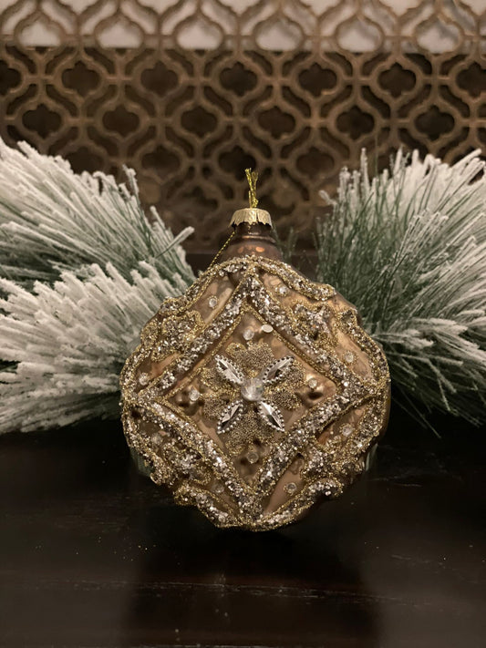 Set of 2. 4" Glass jewel encrusted floret disc ornament. Gold and silver.