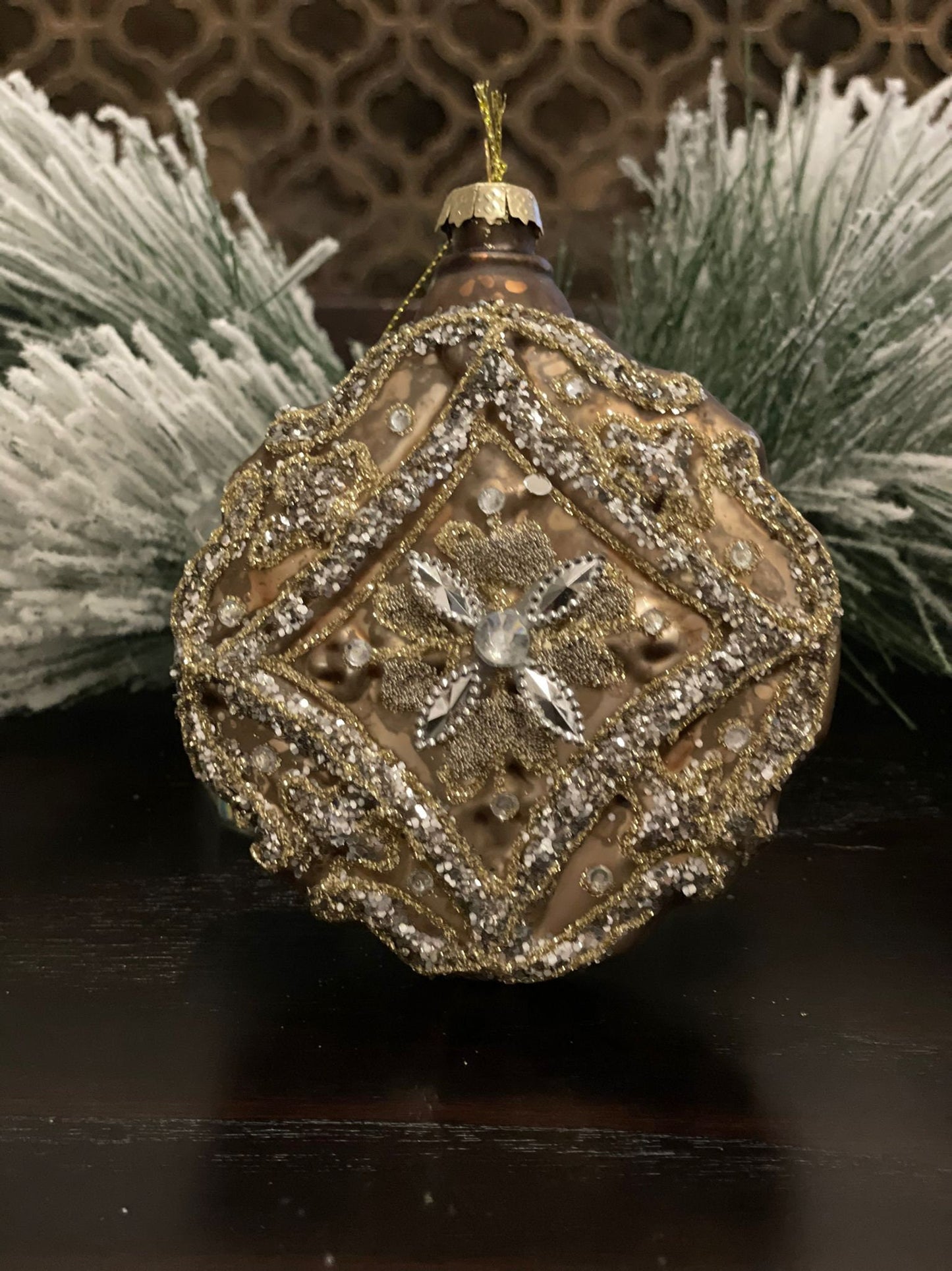 Set of 2. 4" Glass jewel encrusted floret disc ornament. Gold and silver.