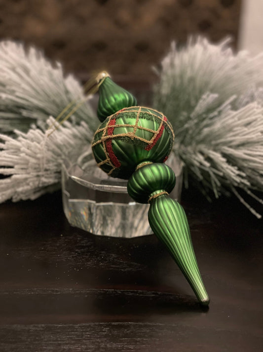 9" Mercury glass beaded plaid finial ornament.