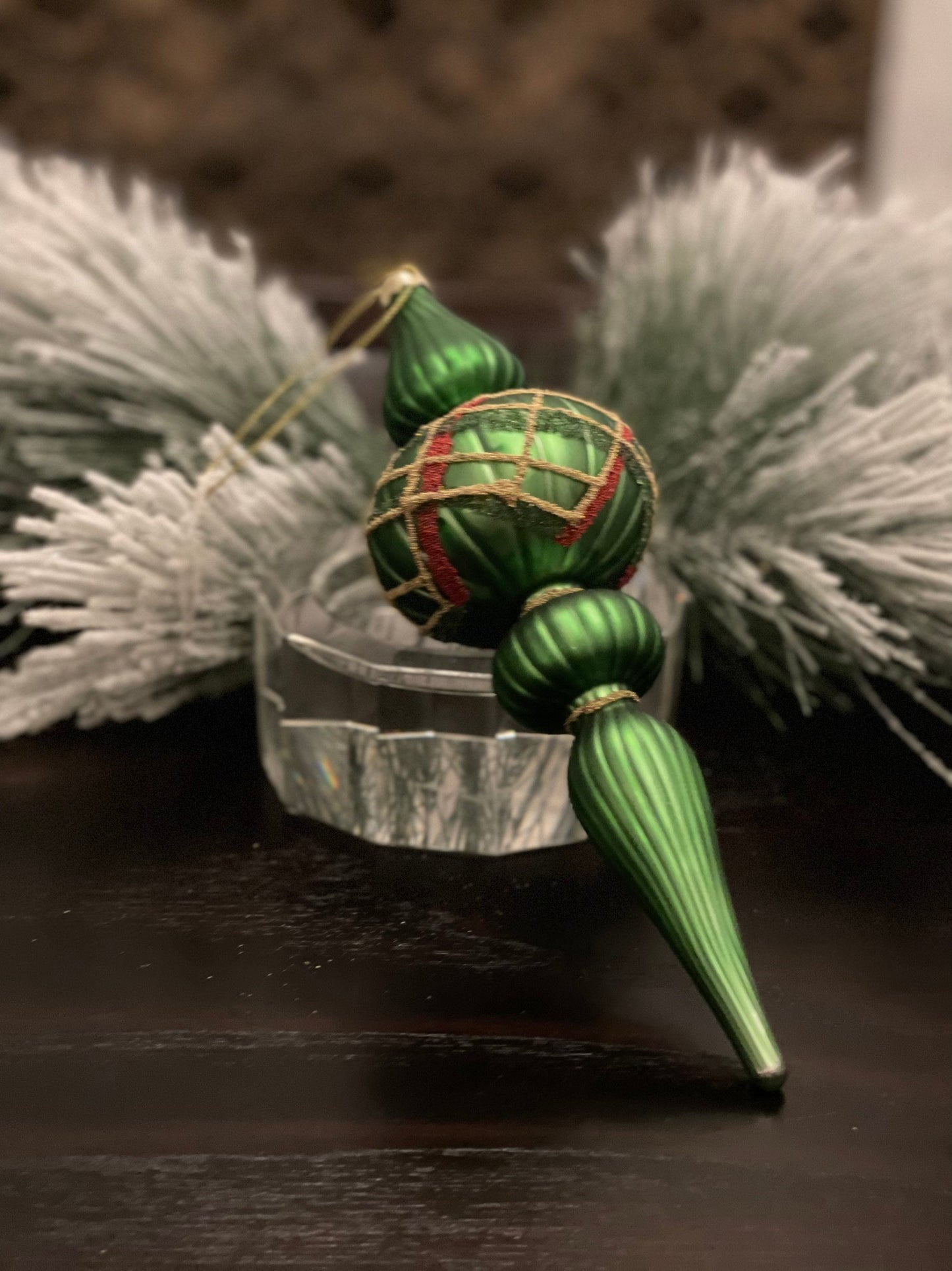 9" Mercury glass beaded plaid finial ornament.