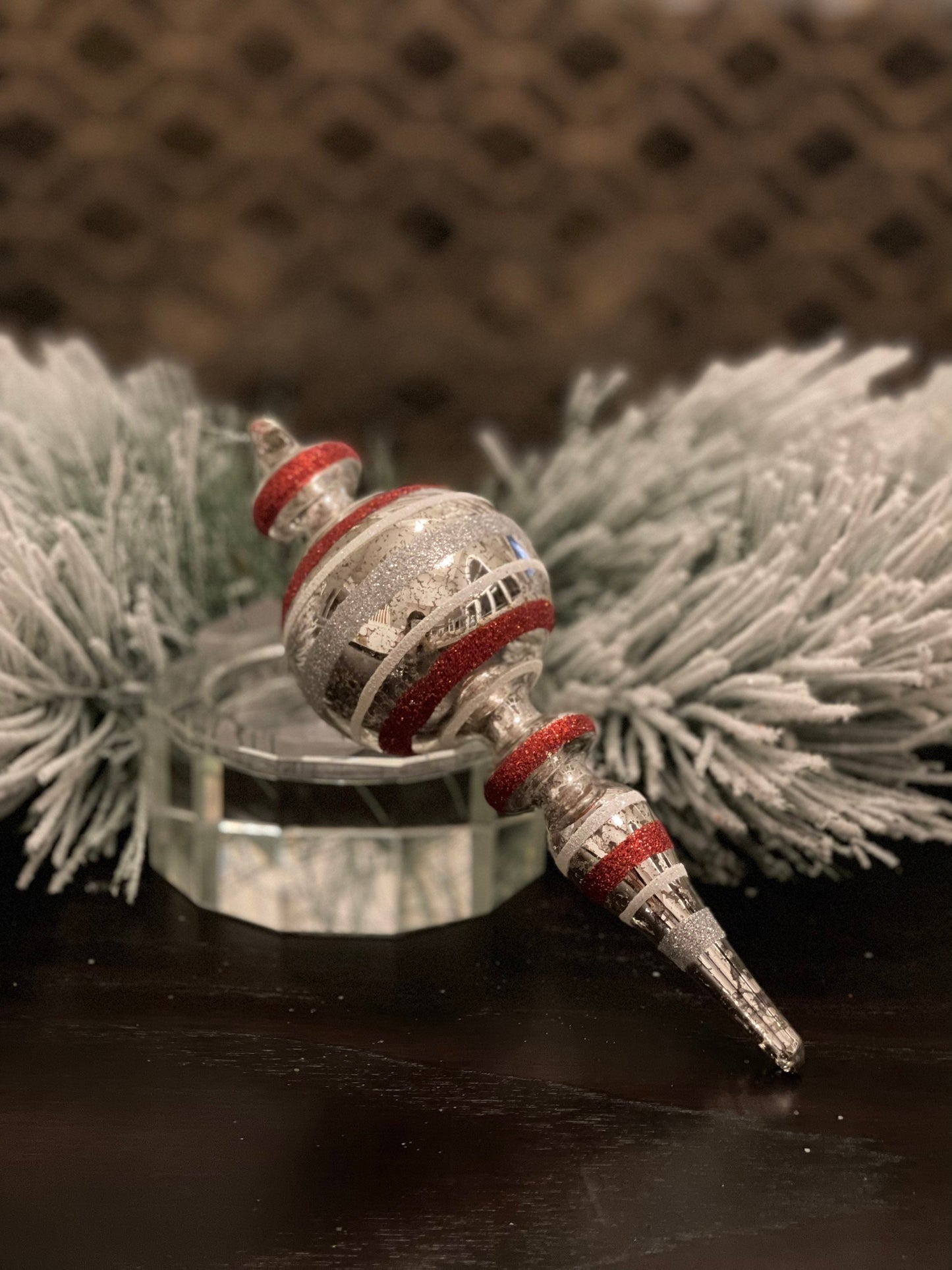 9.25" Striped glass finial ornament.