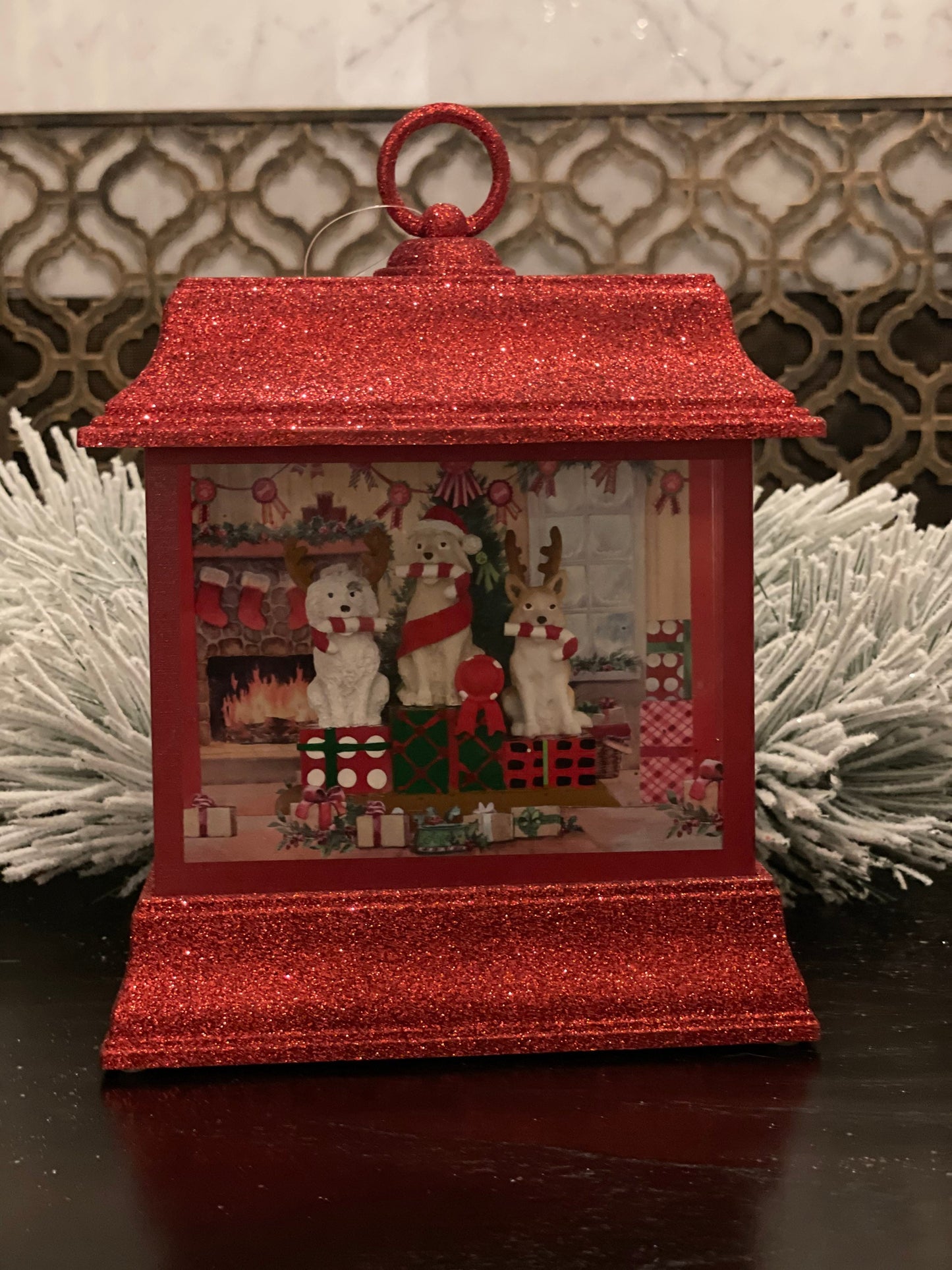 8.5" Dogs with presents lighted water lantern.