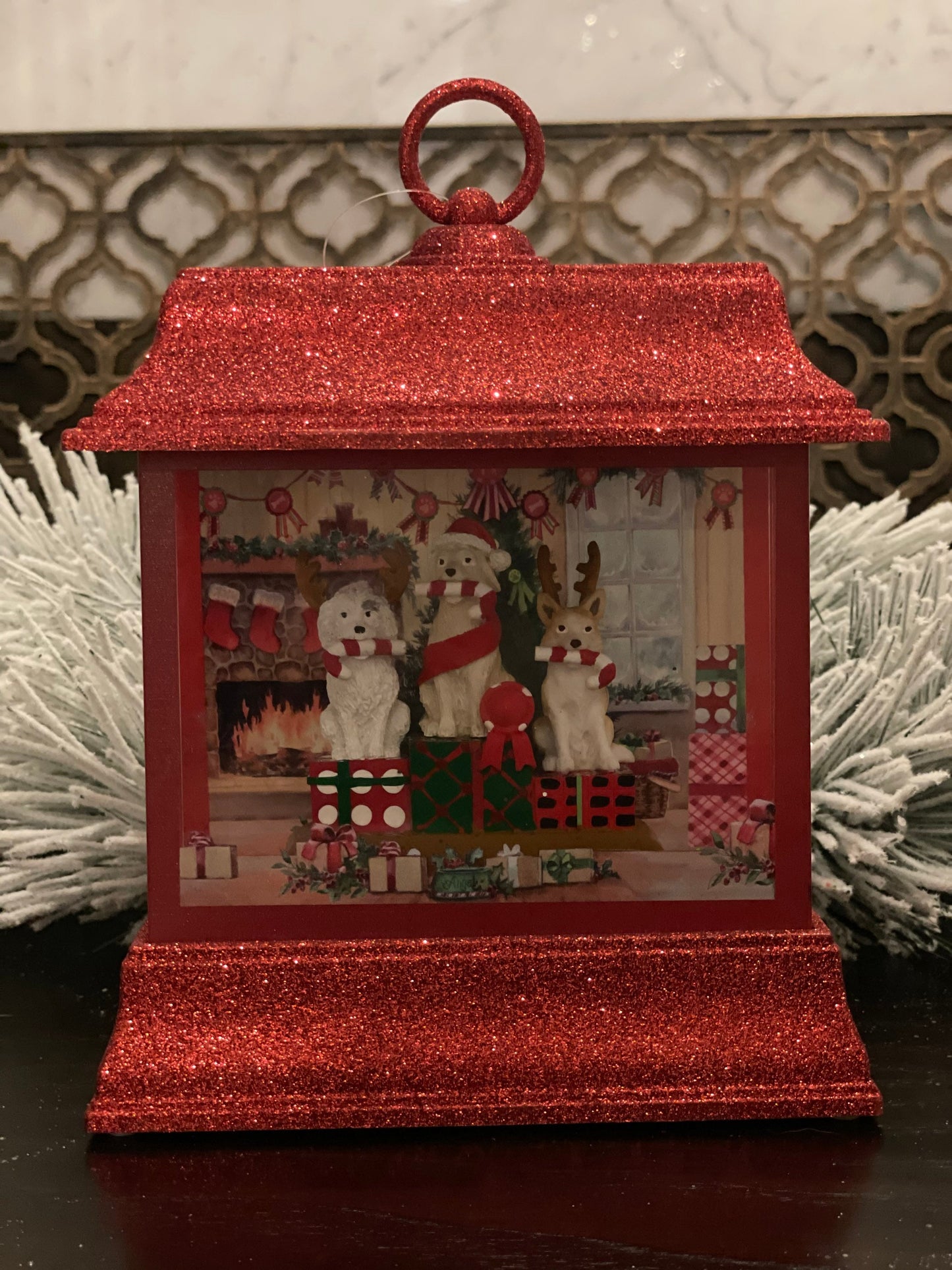 8.5" Dogs with presents lighted water lantern.