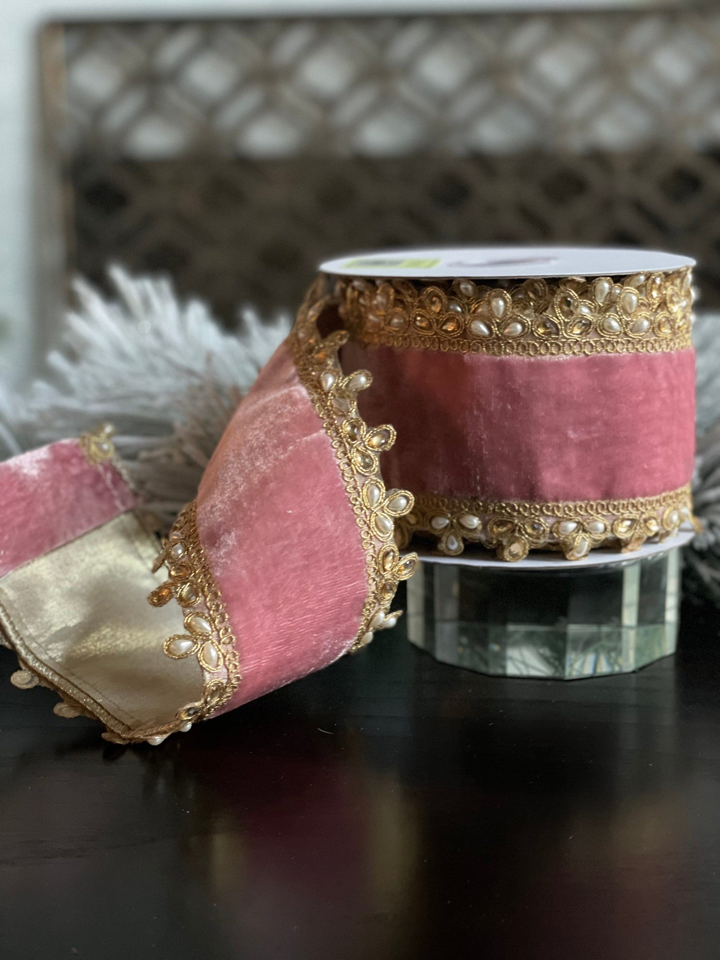 4” x 5 yds. velvet pearl, jewel edge double side ribbon. Pink. Wired.