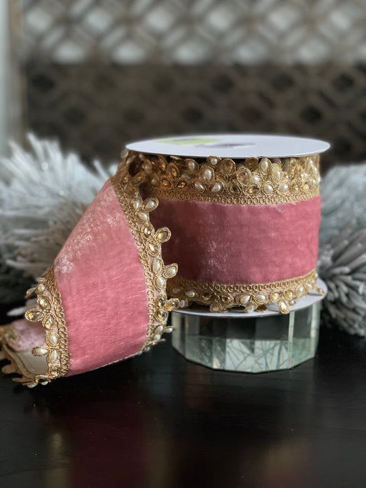 4” x 5 yds. velvet pearl, jewel edge double side ribbon. Pink. Wired.