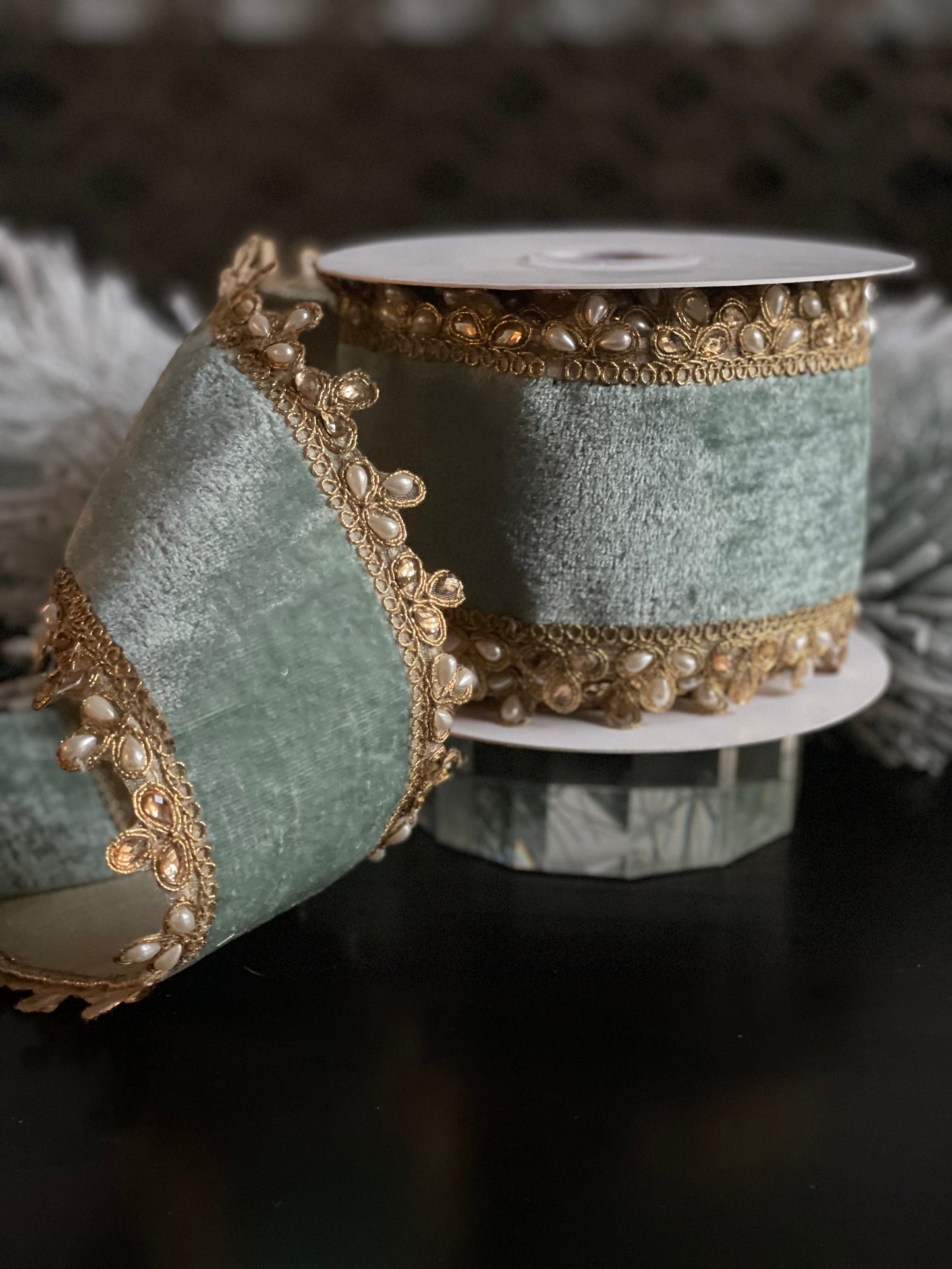 4”x 5 yds velvet pearl / jewel edge double side ribbon. Aqua.
