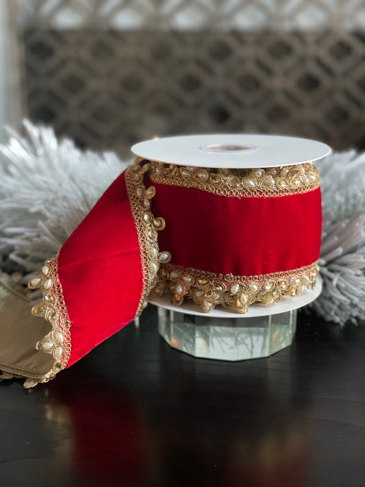 4”x 5 yds. velvet pearl / jewel edge double side ribbon. Red. Wired.
