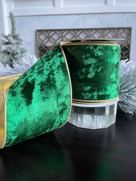 4” X 10 yds velvet emerald ribbon with gold back. Emerald and gold. Wired.
