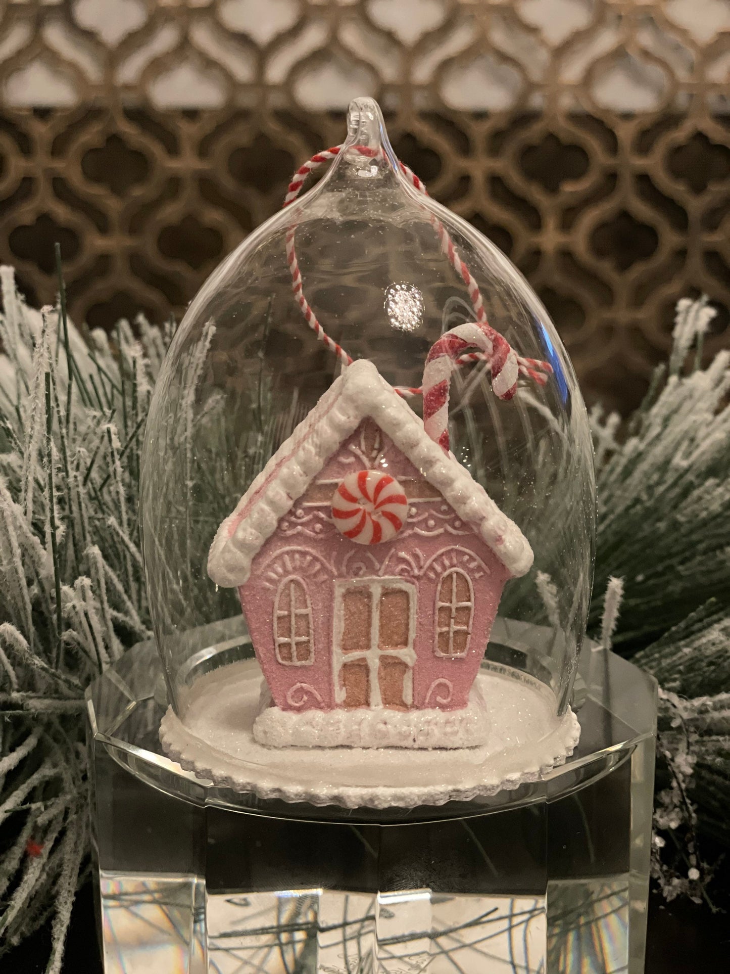4.25"Gingerbrerad house cloche glass ornament.
