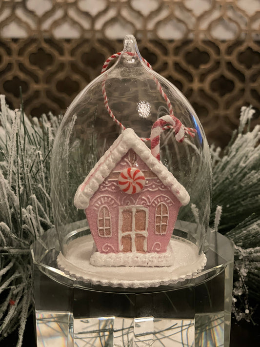 4.25"Gingerbrerad house cloche glass ornament.