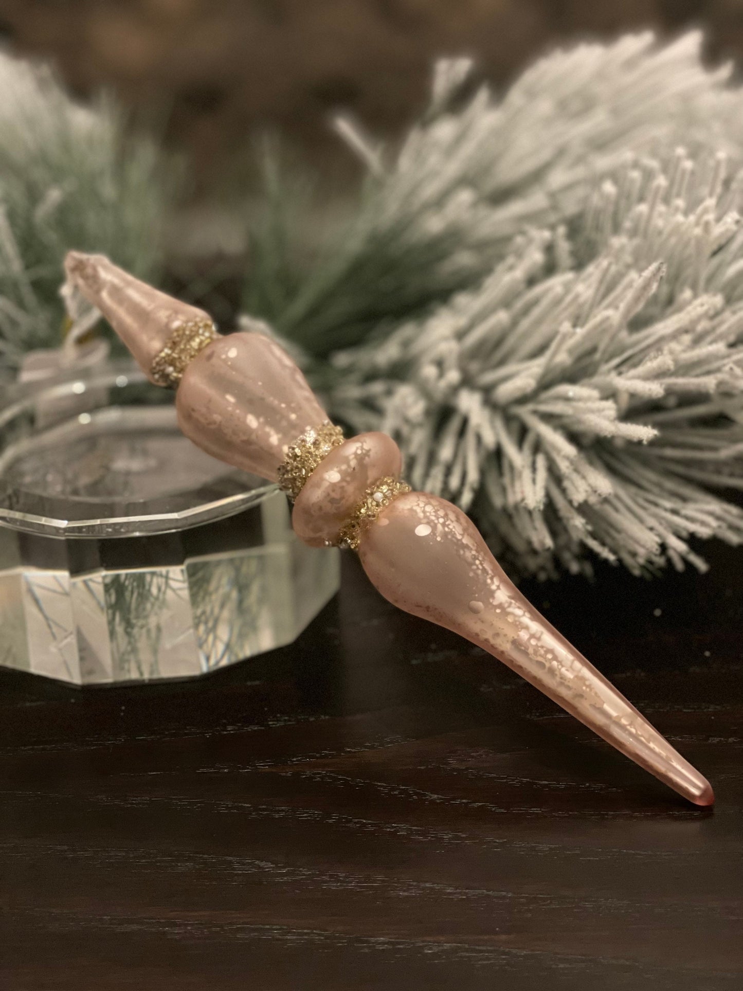 10" Glass finial ornament. Soft pink and gold. Mercury glass. Set of 2.