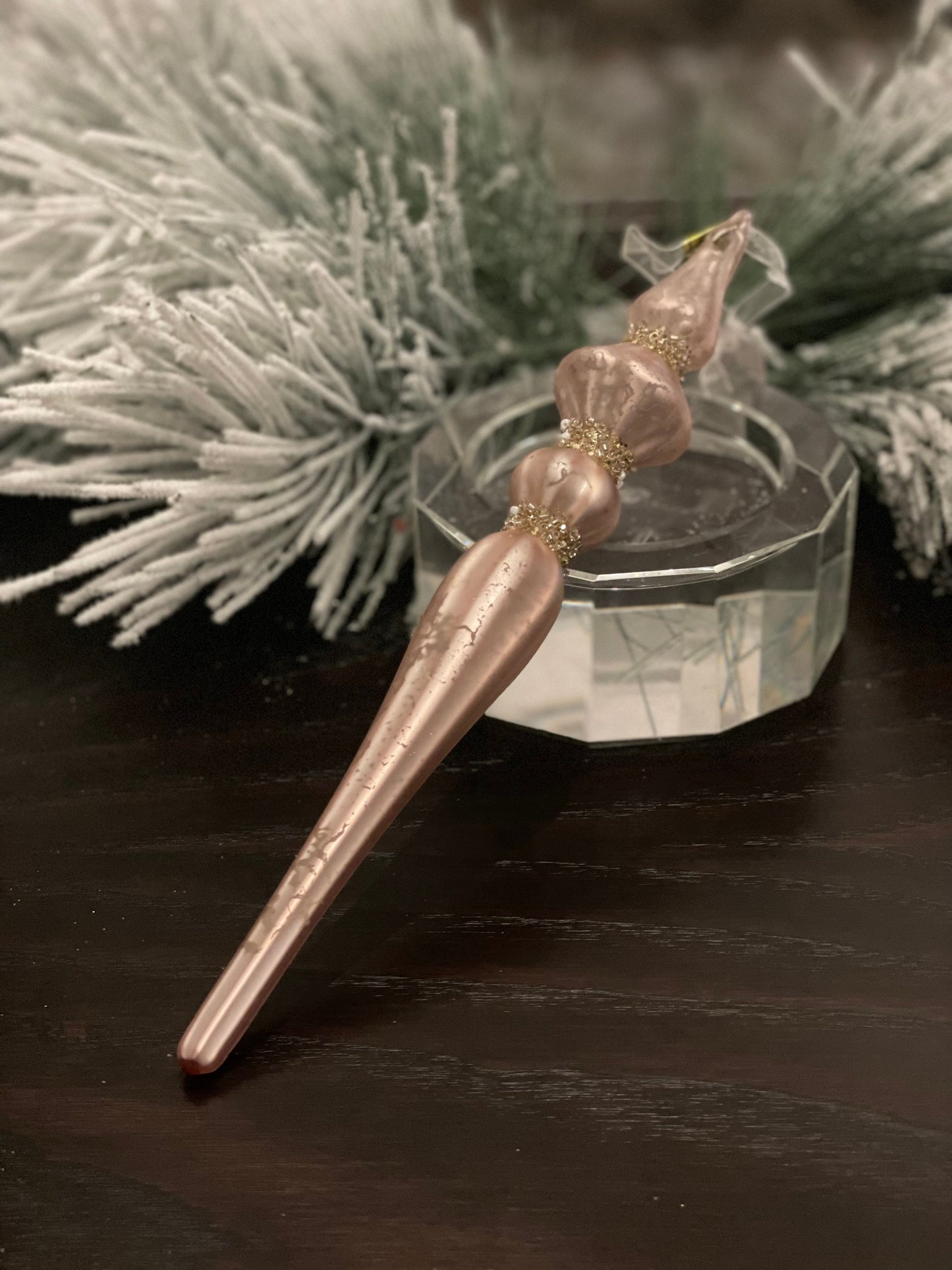 10" Glass finial ornament. Soft pink and gold. Mercury glass. Set of 2.