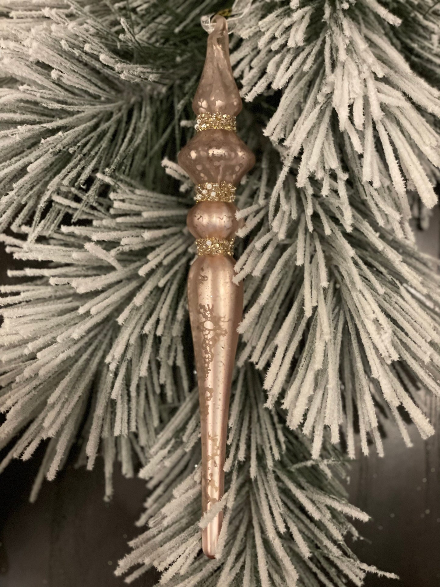 10" Glass finial ornament. Soft pink and gold. Mercury glass. Set of 2.