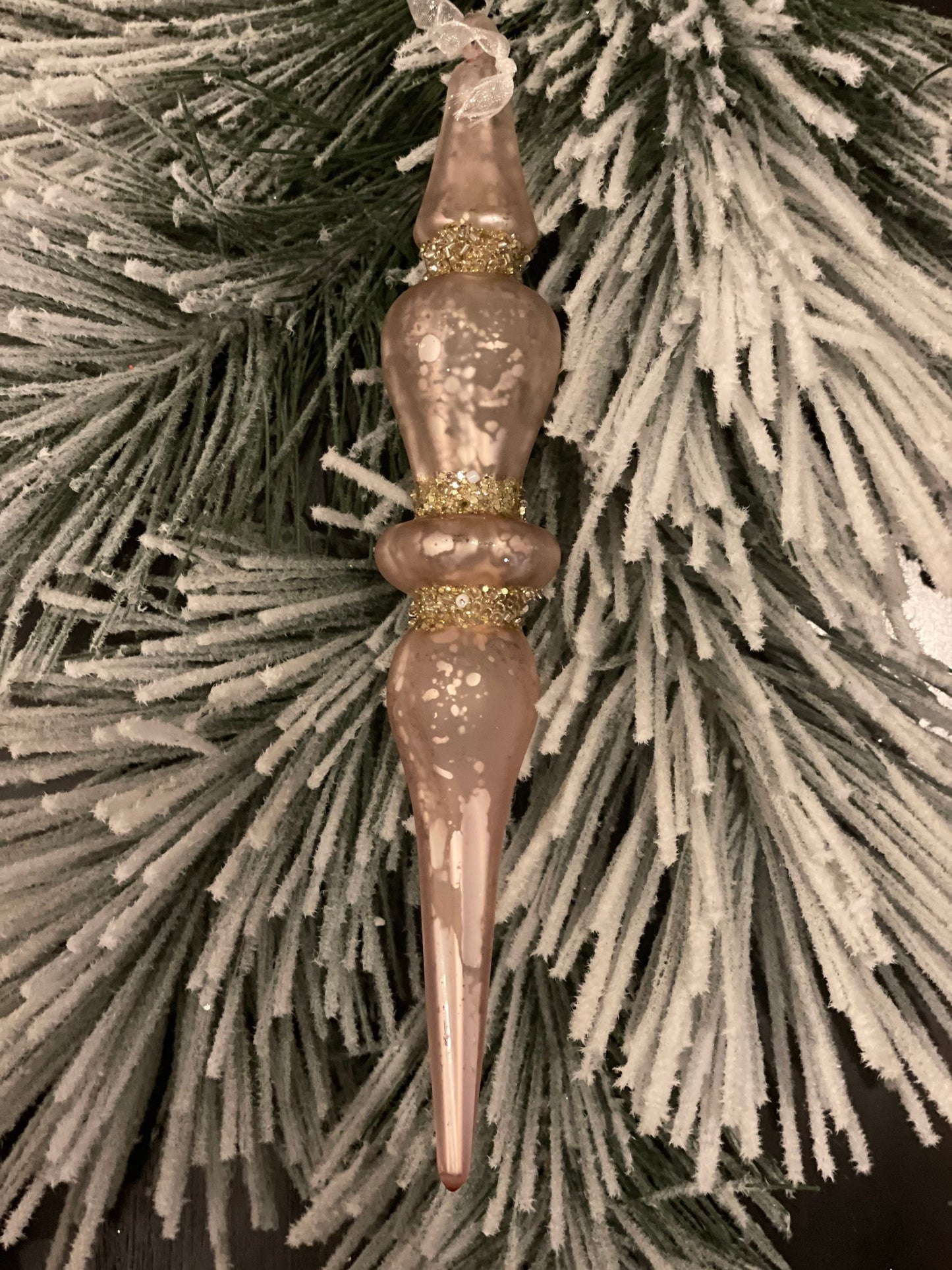 10" Glass finial ornament. Soft pink and gold. Mercury glass. Set of 2.