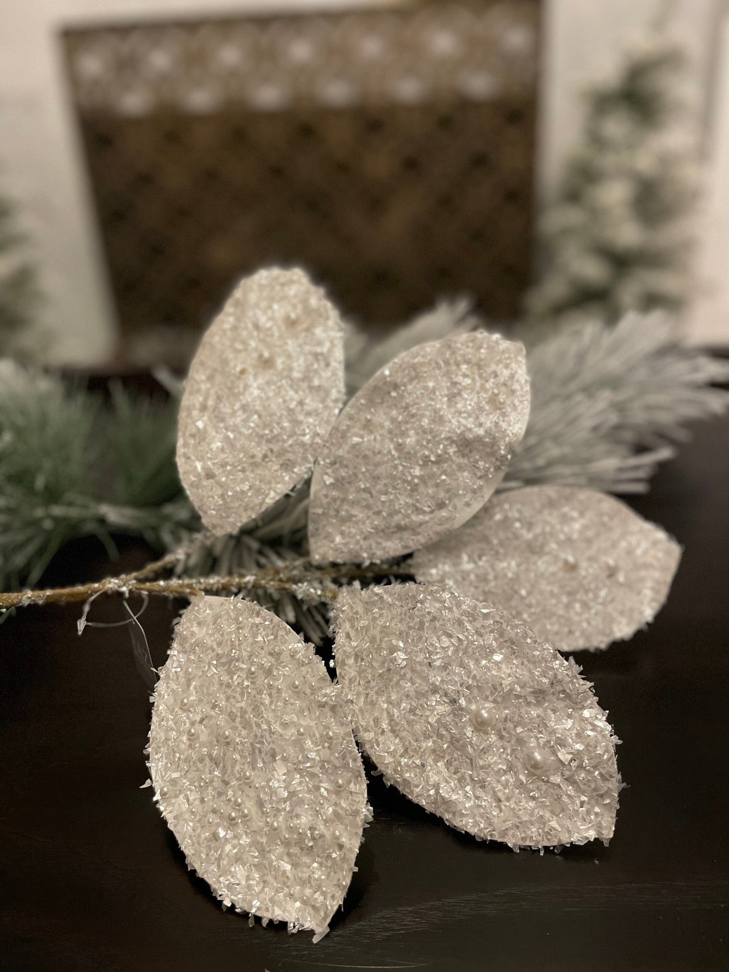23"White glitter magnolia leaf spray. Set of 2.
