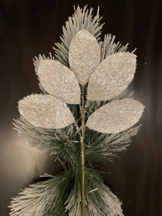 23"White glitter magnolia leaf spray. Set of 2.