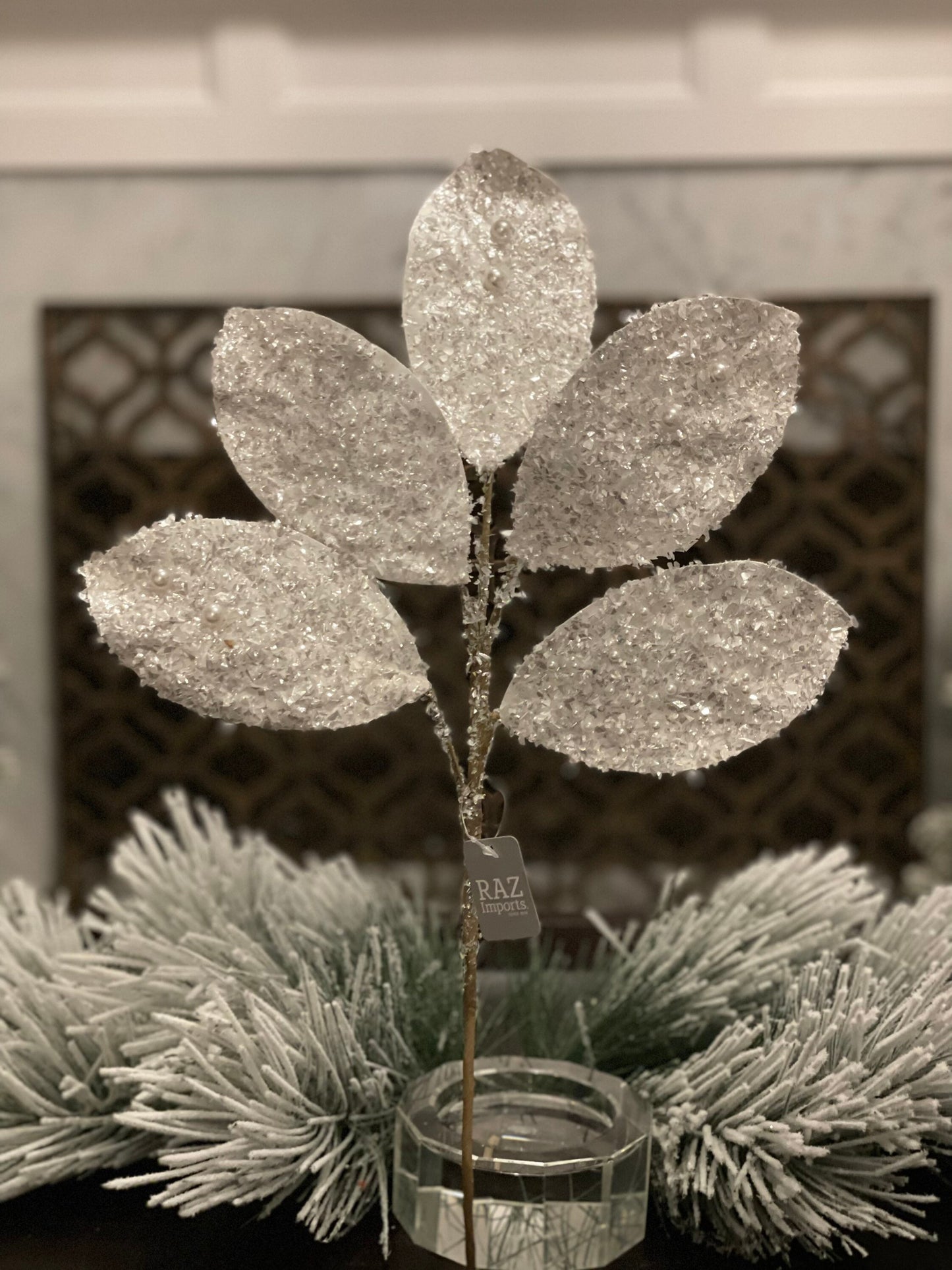 23"White glitter magnolia leaf spray. Set of 2.