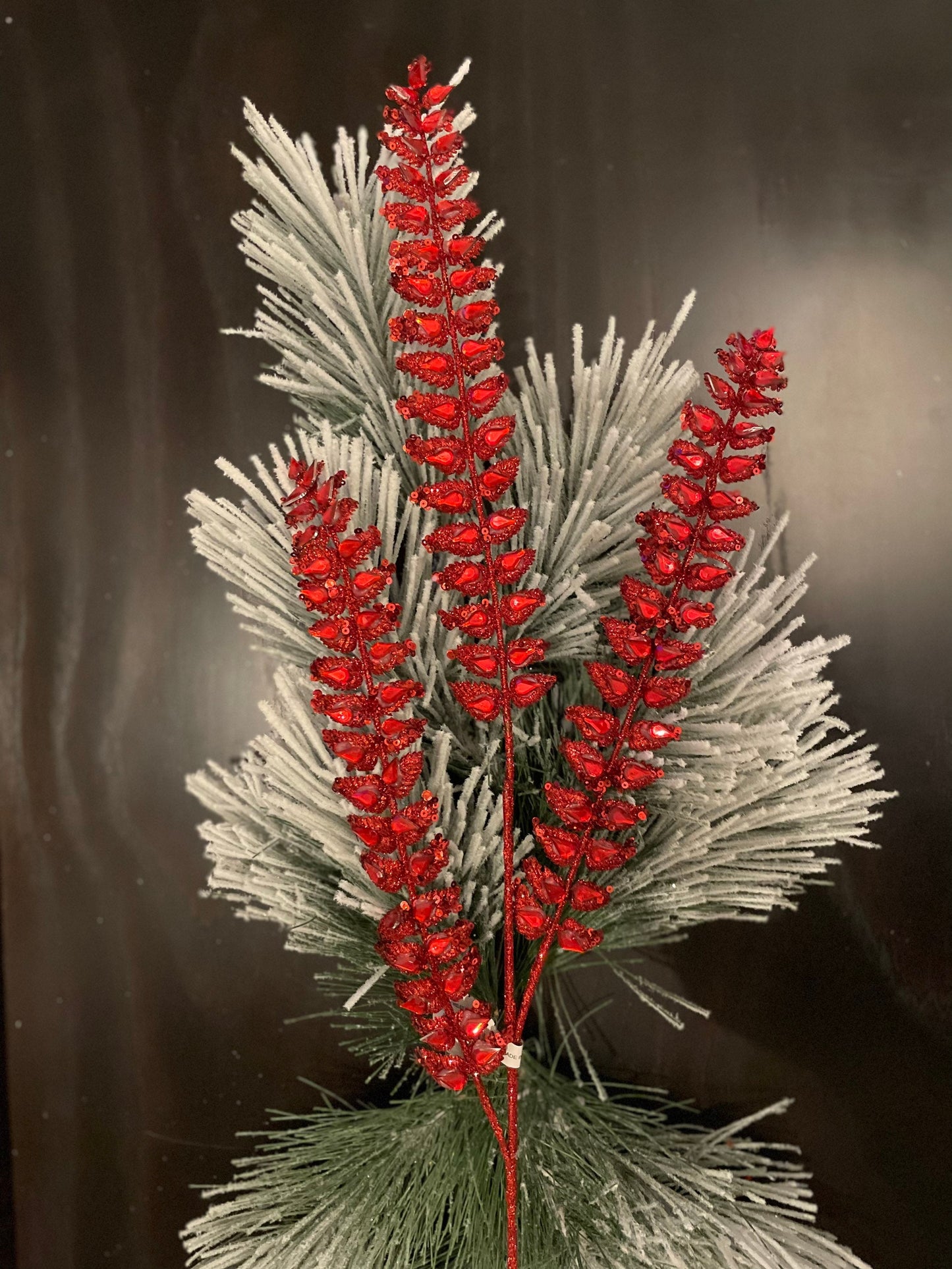 Set of 3. 34.5"jeweled glitter fern spray red