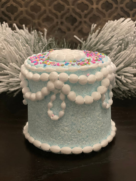 5" Pastel candy decorated cake ornament. Blue