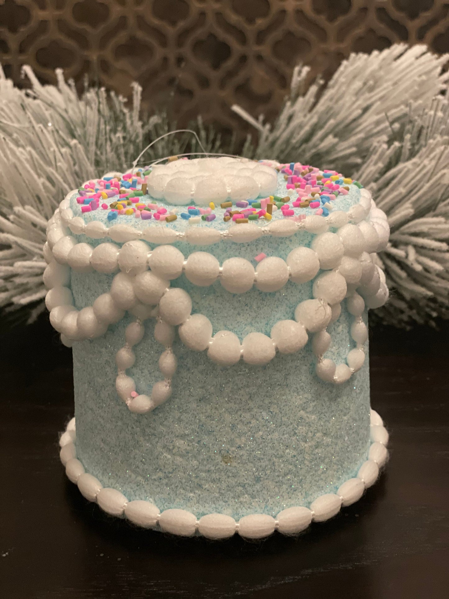 5" Pastel candy decorated cake ornament. Blue