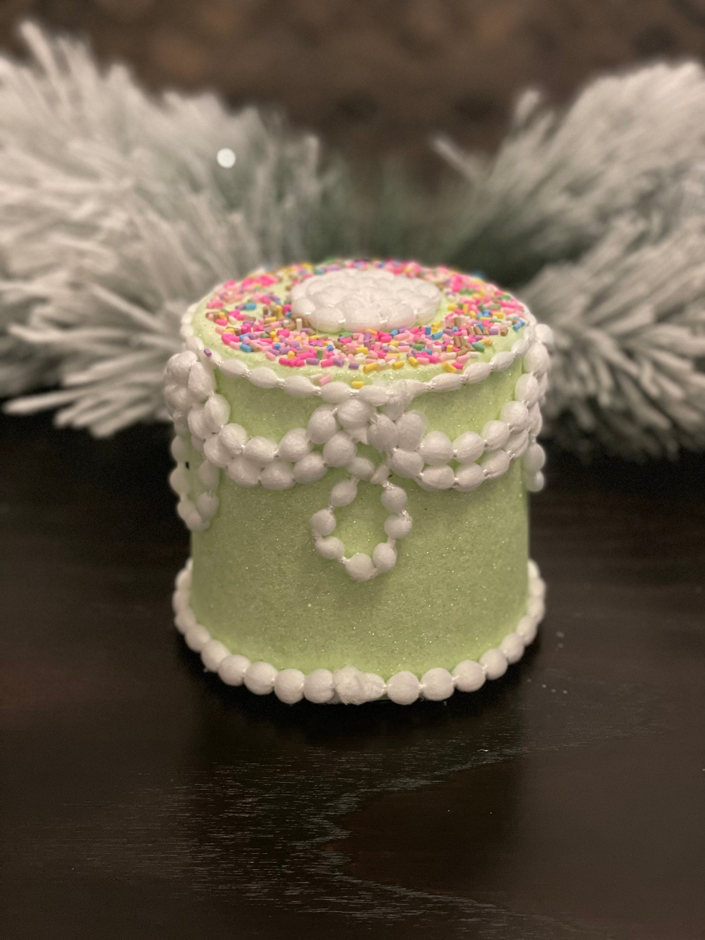 5" Pastel candy decorated cake ornament. Green.