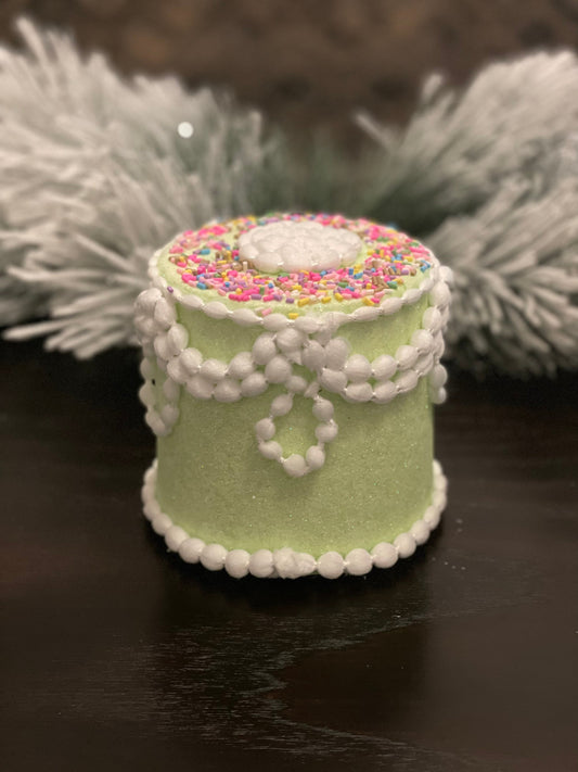 5" Pastel candy decorated cake ornament. Green.