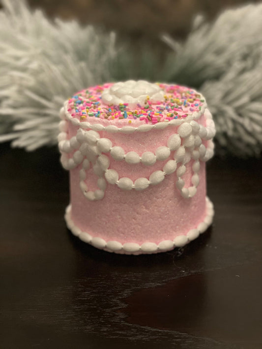 5" Pastel candy decorated cake ornament. Pink.