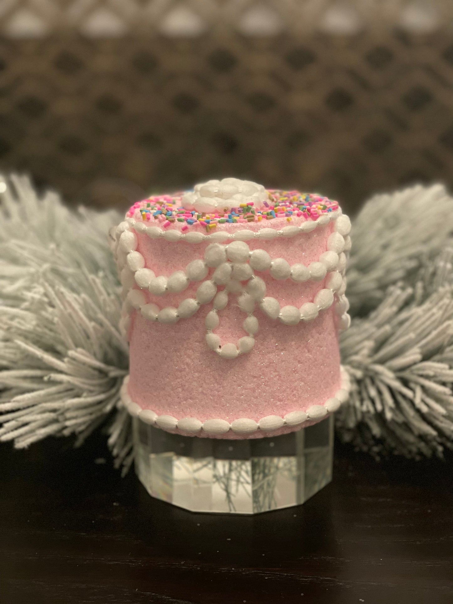 5" Pastel candy decorated cake ornament. Pink.