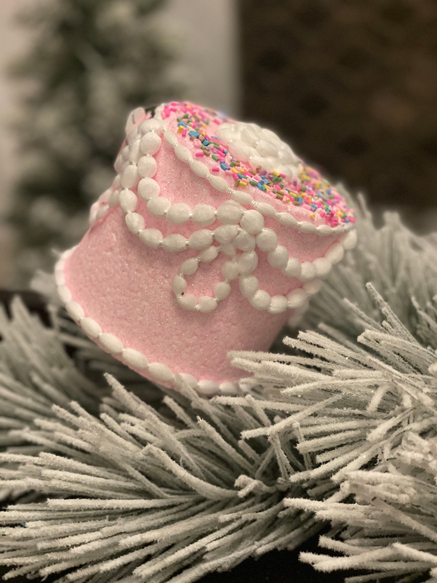 5" Pastel candy decorated cake ornament. Pink.