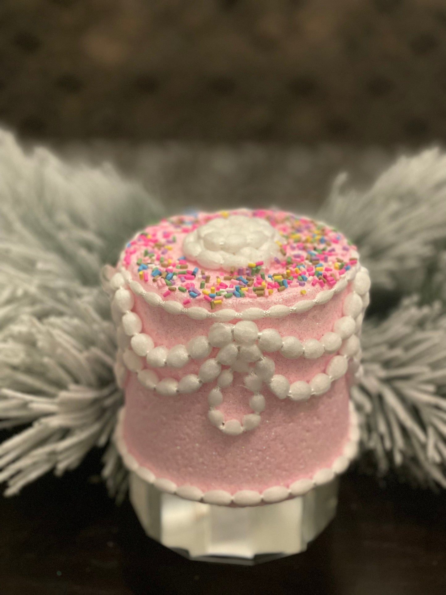 5" Pastel candy decorated cake ornament. Pink.