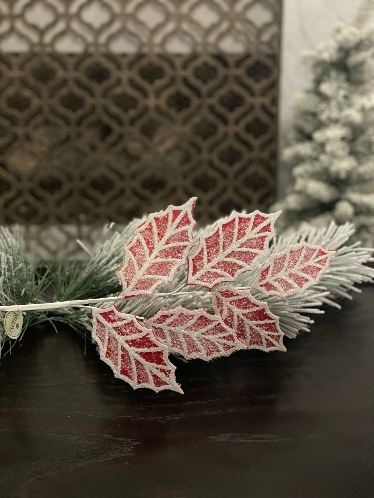 Set of 2. 26" Gingerbread holly spray red/white.