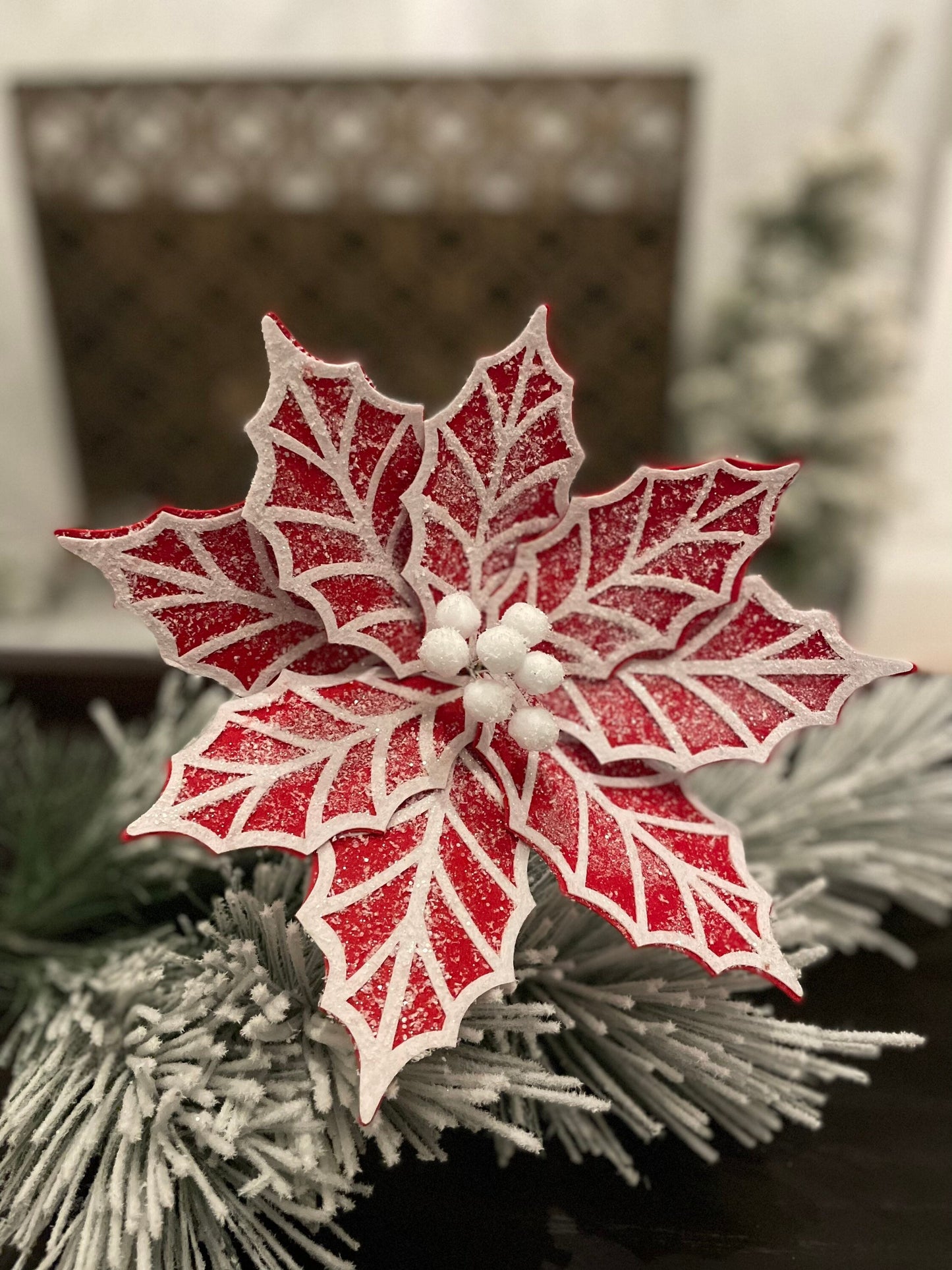 Set of 2. 24"Gingerbread poinsettia stem red/white