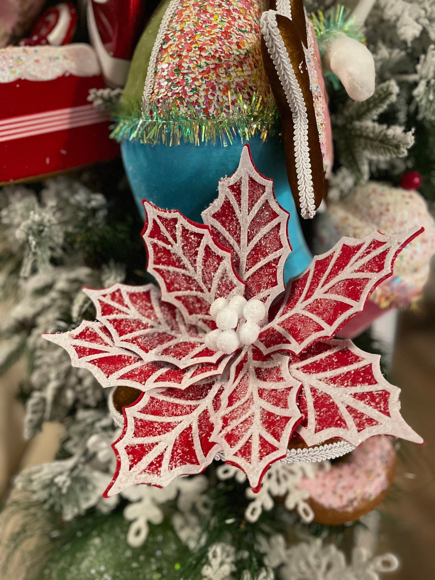 Set of 2. 24"Gingerbread poinsettia stem red/white