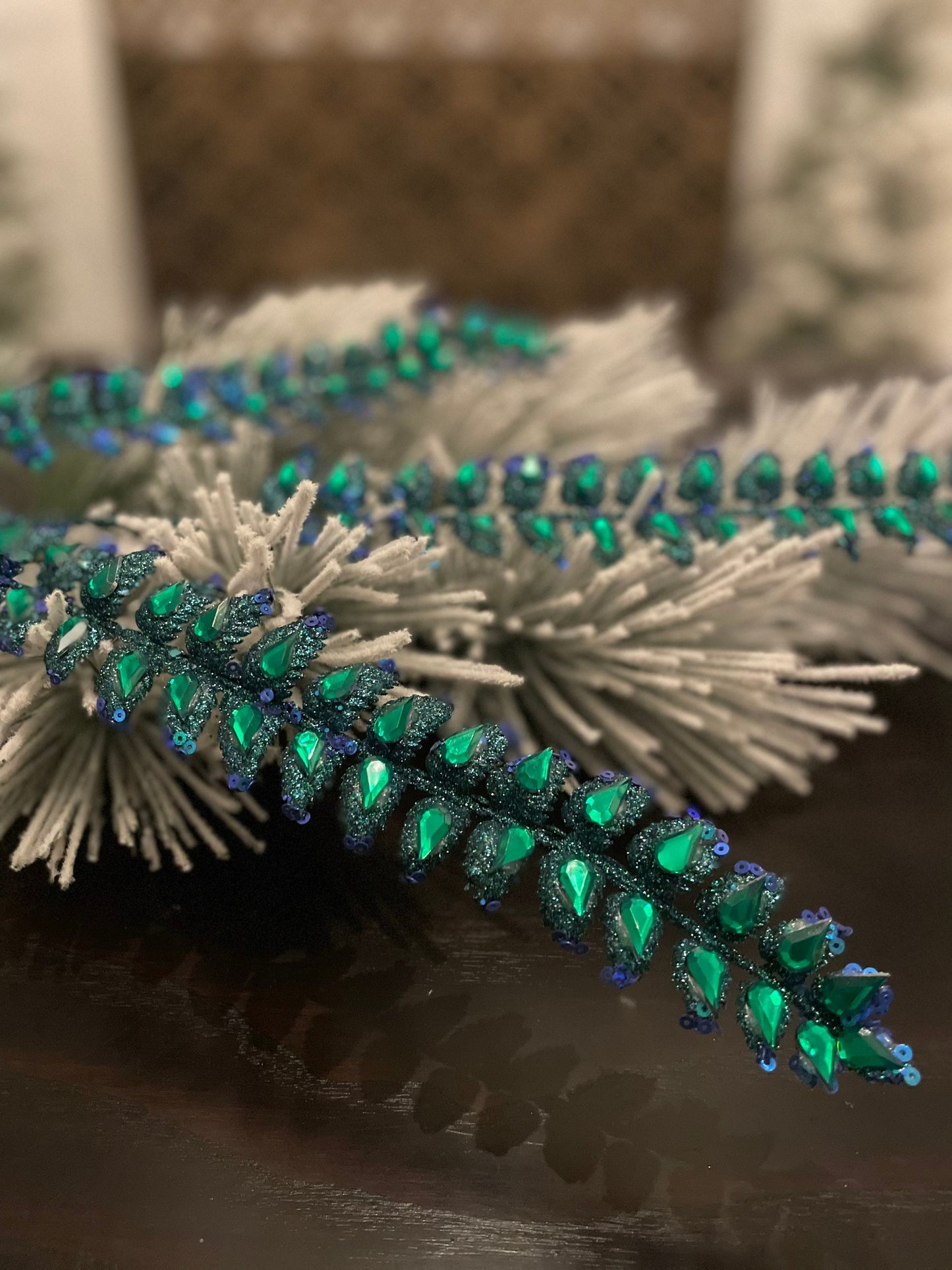 Set of 3. 34.5"jeweled glitter fern spray. Peacock.