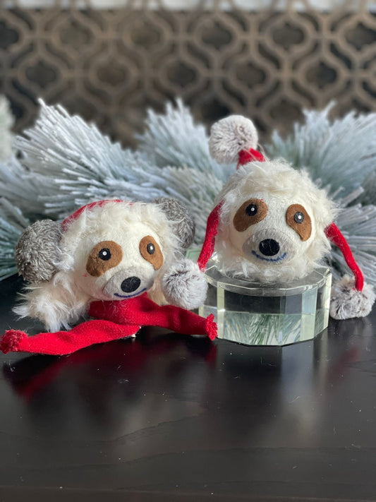 SET of 2. 7" dog face with hat and scarf ornament.