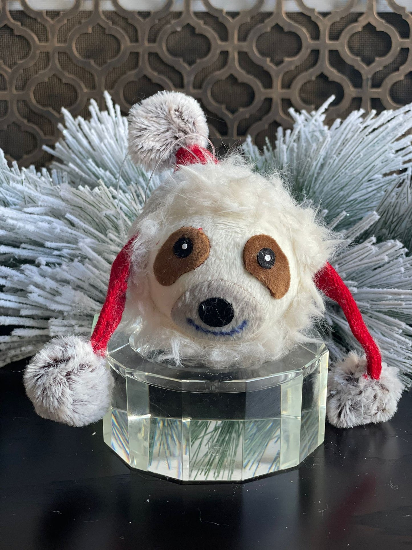 SET of 2. 7" dog face with hat and scarf ornament.