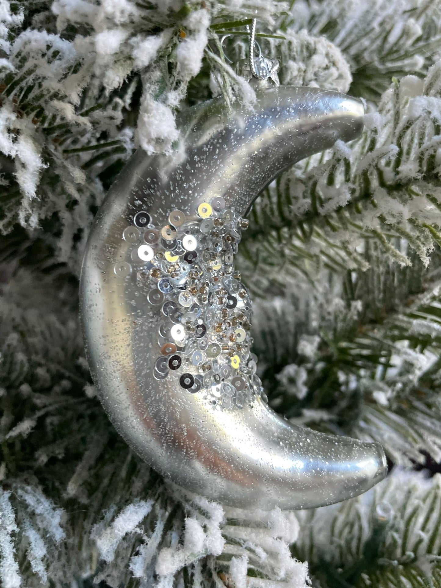 4"glass glitter/sequin half moon ornament
