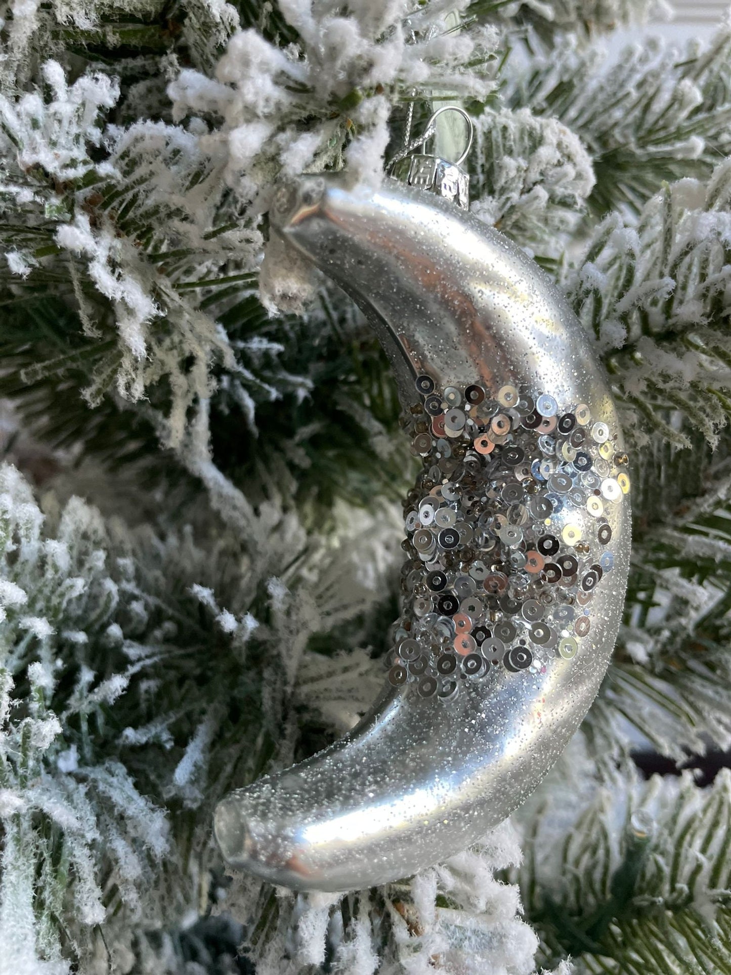 4"glass glitter/sequin half moon ornament