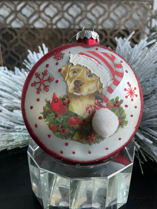 5"glass dog w/santa hat disc ornament