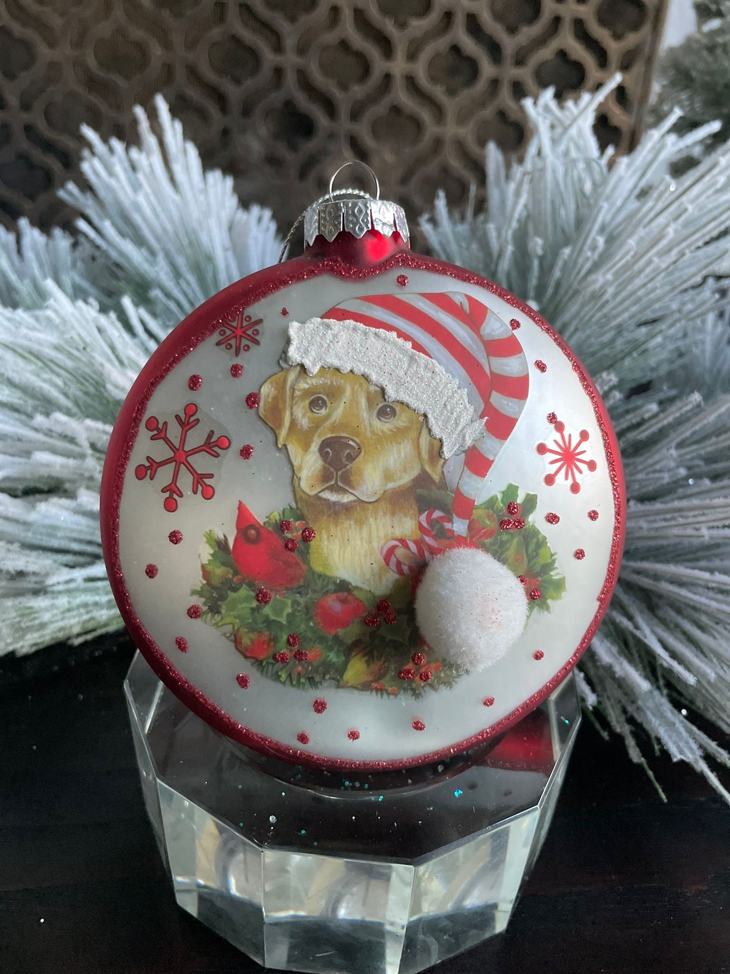 5"glass dog w/santa hat disc ornament