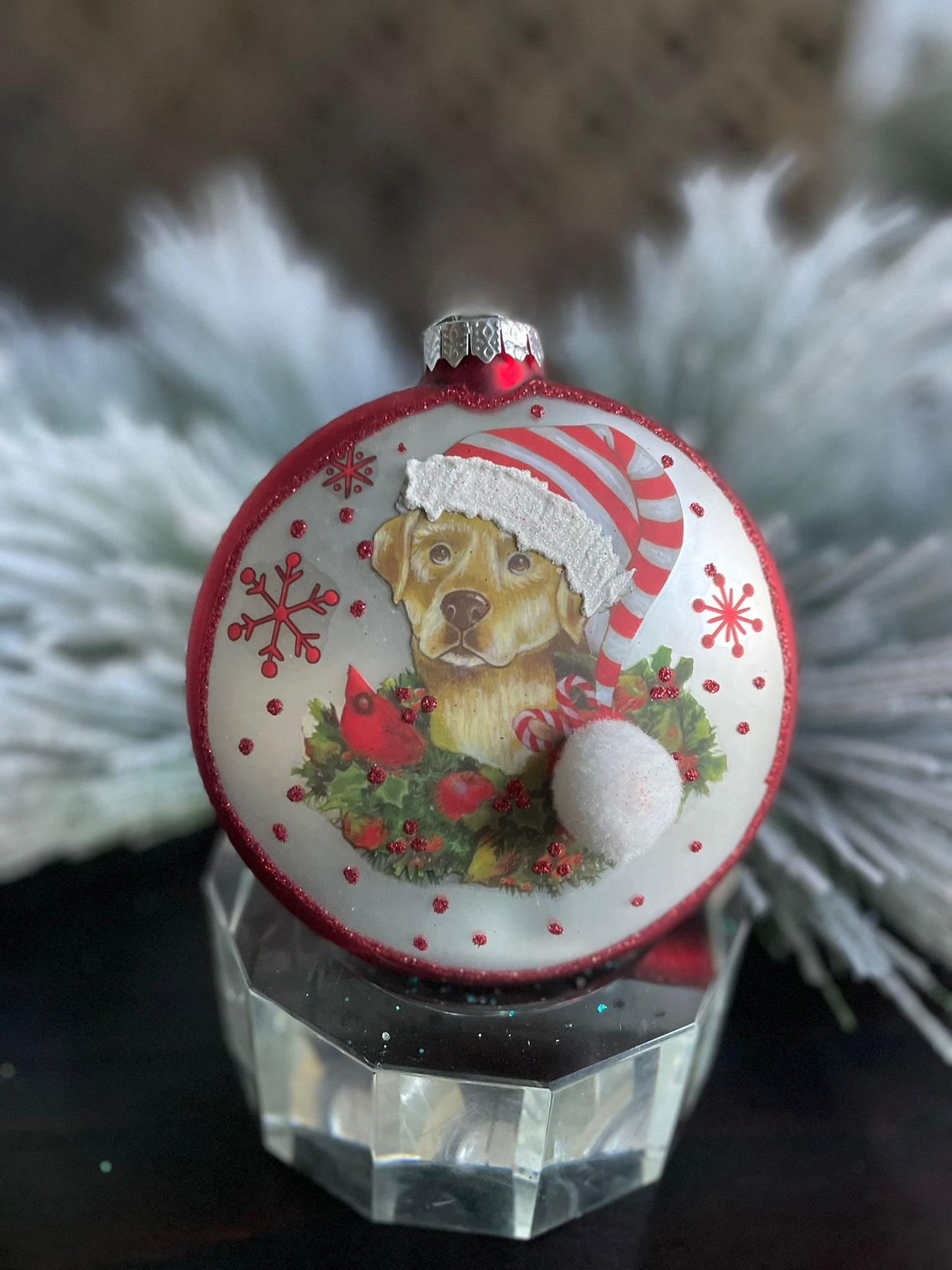 5"glass dog w/santa hat disc ornament