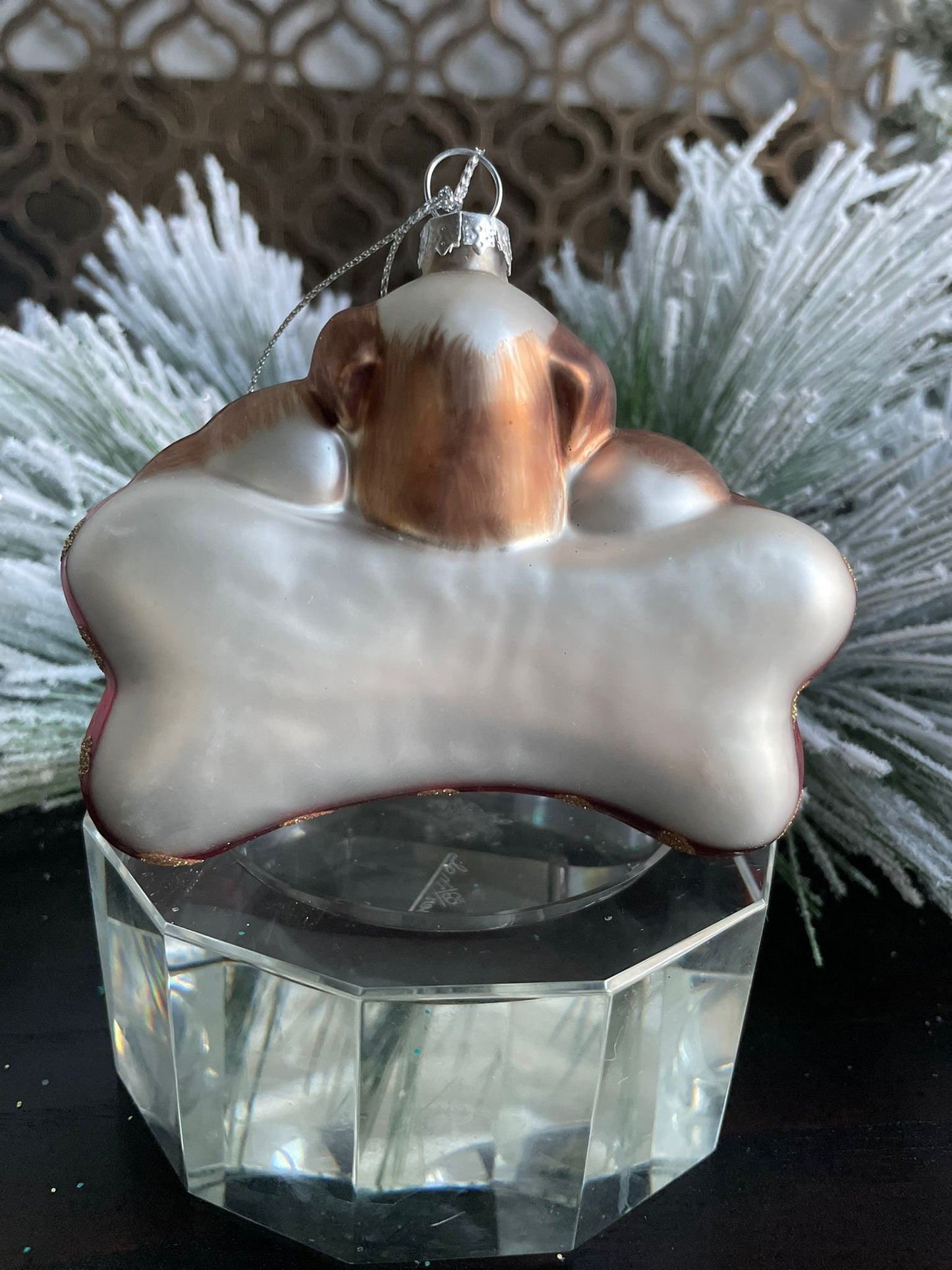 4" glass dogs "merry woofmas" bone ornament.