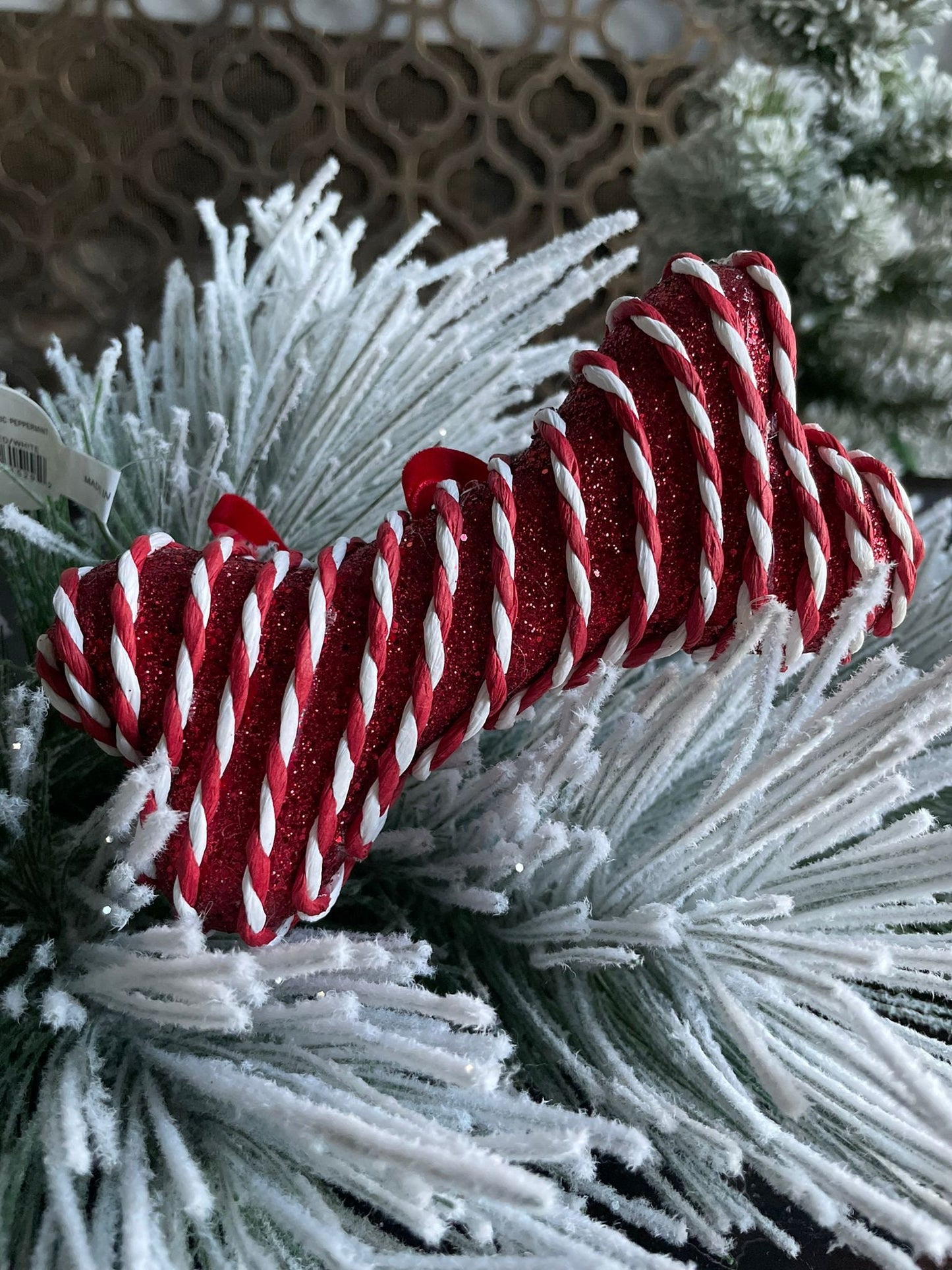 SET of 3. 5"metallic fabric peppermint bone ornament.